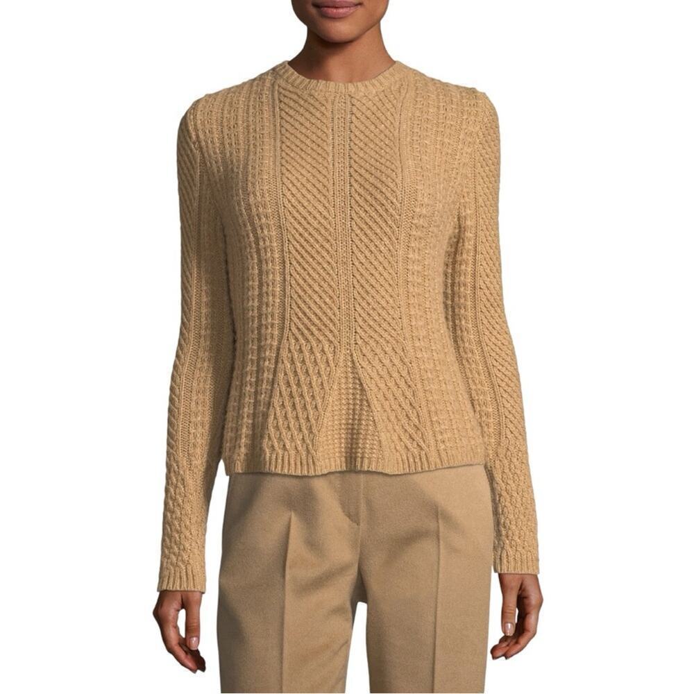 MaxMara Ronco Warm Cable-Knit Crewneck Wool Camel Pullover Sweater Size Medium